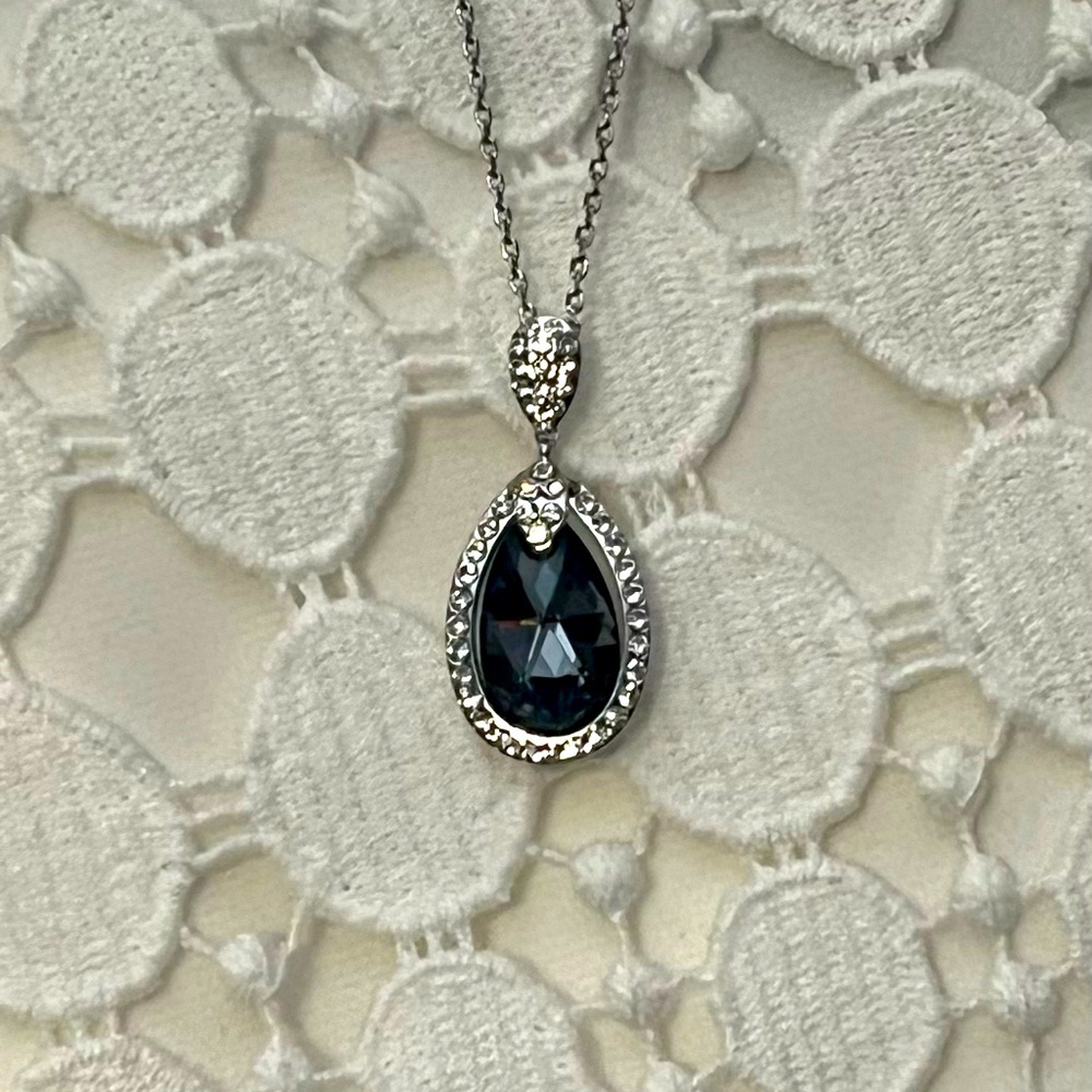 Stunning Amethyst Teardrop Necklace Surrounded by Crystal Bezel and Crystal Drop